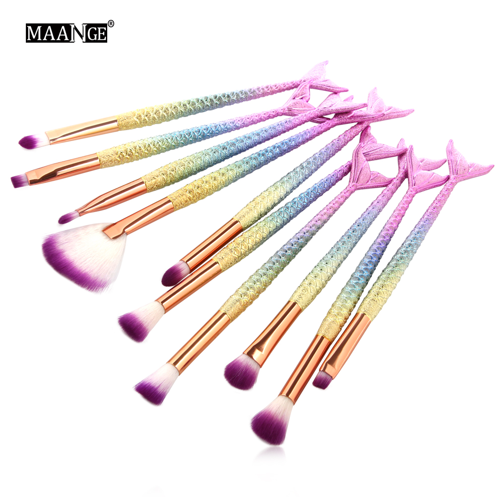 10PCS Mermaid Makeup Brushes Set Foundation Blending 