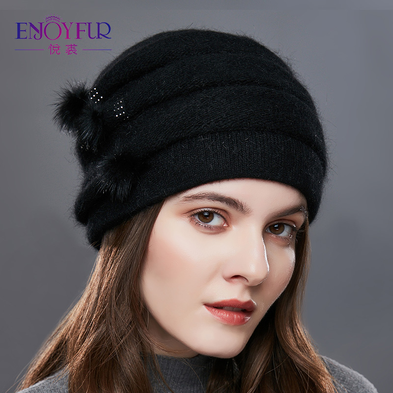 Enjoyfur Cashmere Pompom Women Winter Hats Caps Stripe Knitted Hat Female Fashion Lady Middle 6857